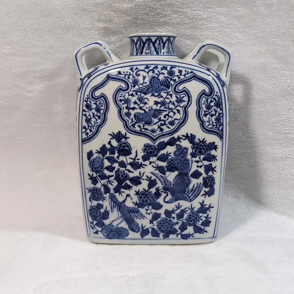 Vtg Chinese Moon Flask Vase Blue White 4 Handle Phoenix Peony Floral Chinoiserie